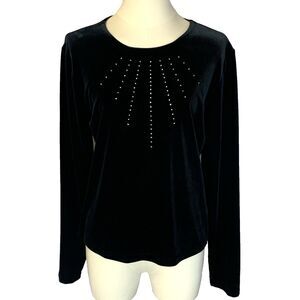 La Fete USA Black Velvet Long Sleeve Pullover Top Rhinestone Front Size S/M